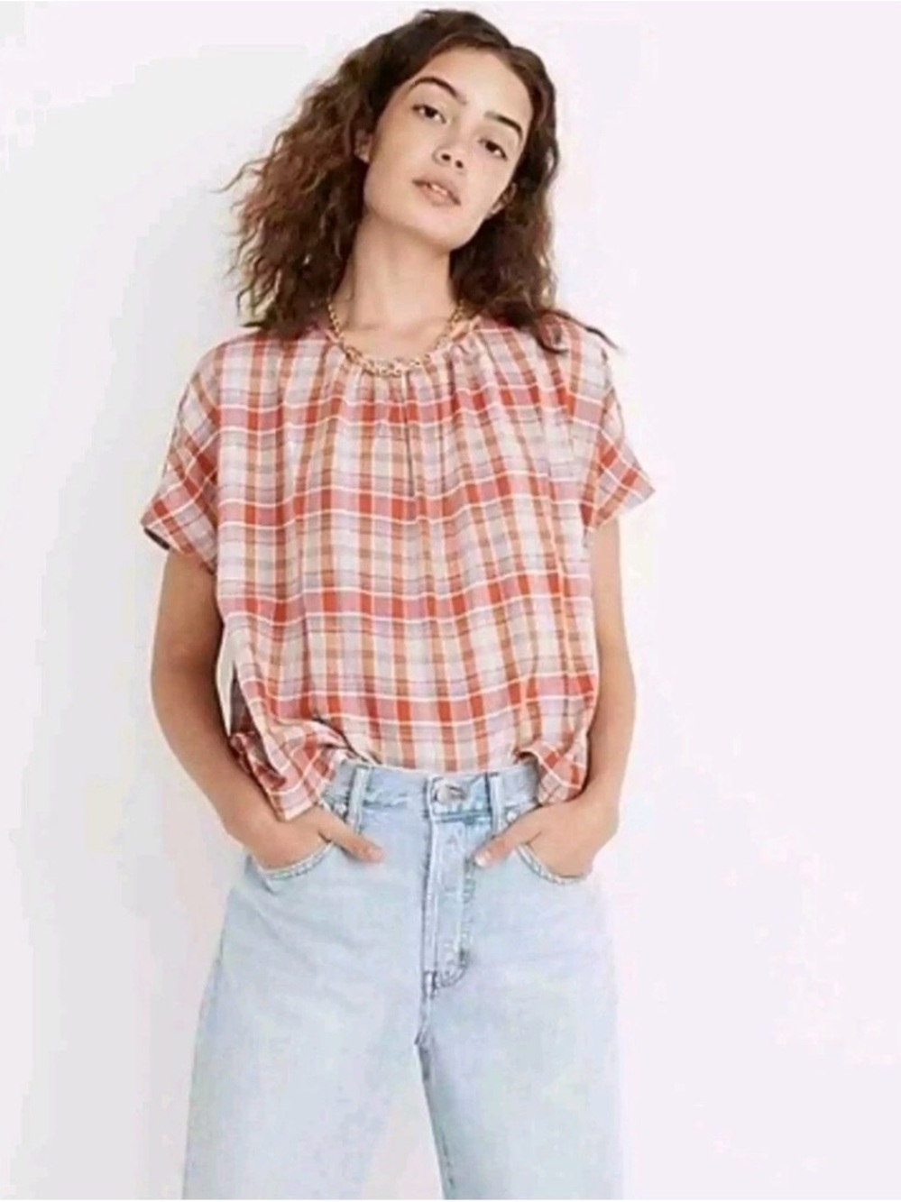 Madewell plaid print shirred neck boxy cap sleeve blouse women’s small